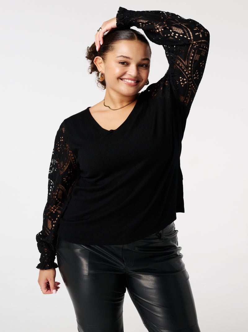 MS MODE Top Top avec manches en dentelle Noir - Kiabi