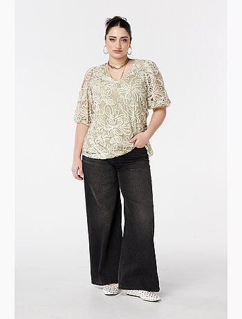 MS MODE Top Top brodé avec manches en tulle