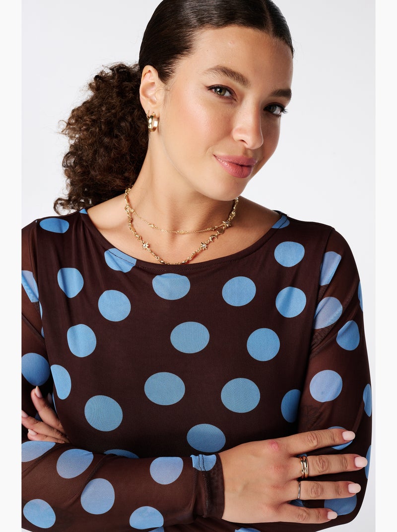 Ms Mode Top top en mesh drapée à pois Marron/Multicolore - Kiabi