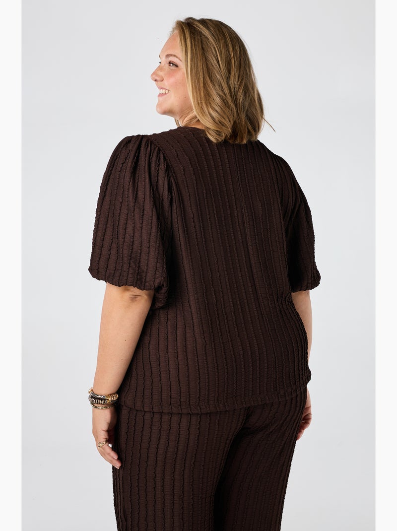 Ms Mode Top top en tissu froissé à manches bouffantes Marron chocolat - Kiabi