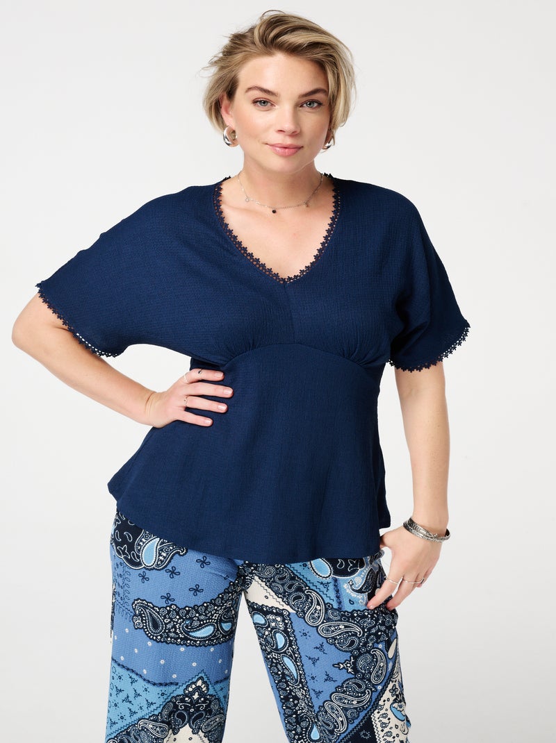 MS MODE Top Top texturé avec col en V Bleu marine - Kiabi