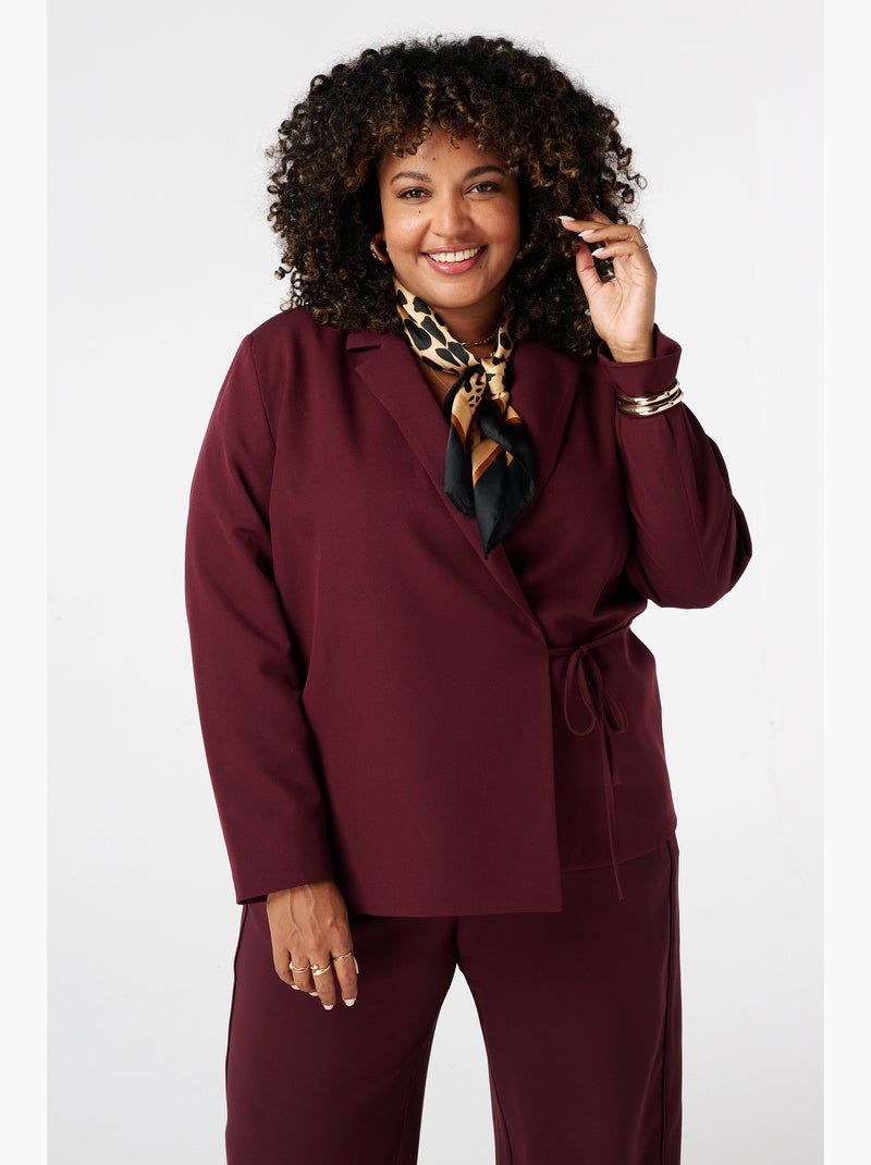 MS MODE Veste Blazer à revers avec ceinture à nouer Bordeaux
