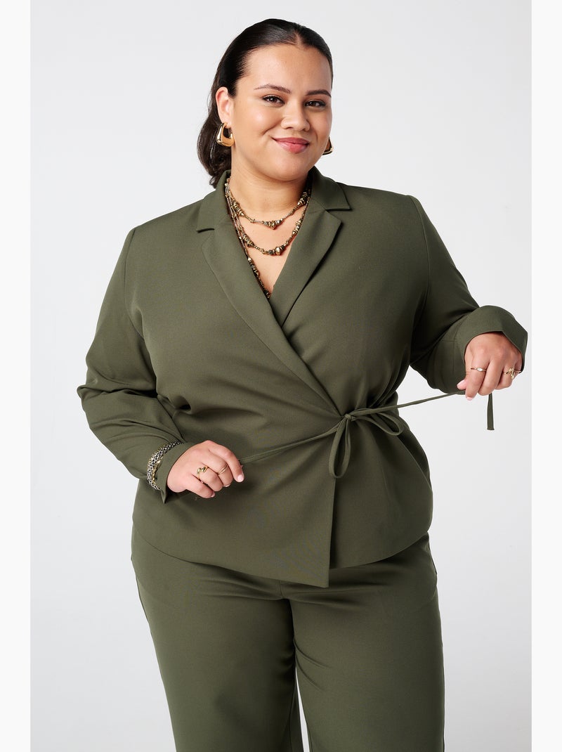 MS MODE Veste Blazer à revers avec ceinture à nouer Kaki foncé