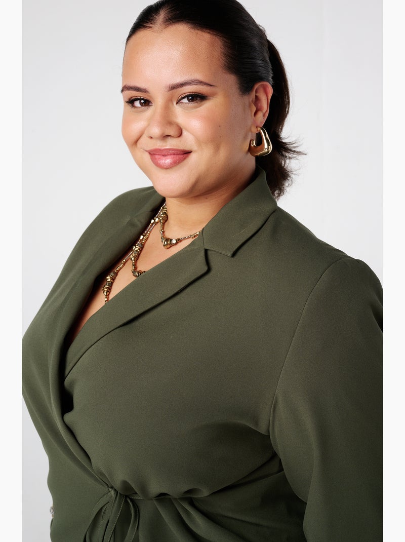 MS MODE Veste Blazer à revers avec ceinture à nouer Kaki foncé - Kiabi