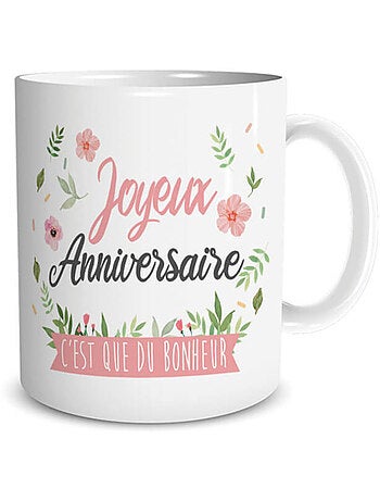 Mug anniversaire en céramique imprimé fleurs et message de bonheur