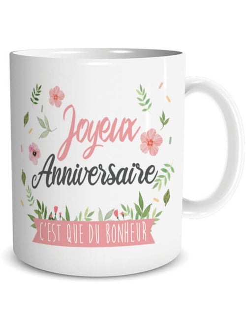 Mug anniversaire en céramique imprimé fleurs et message de bonheur - Kiabi