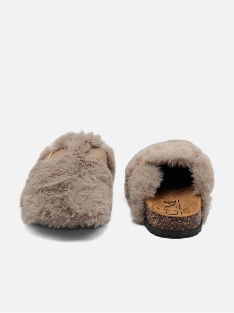 Mules à fausse fourrure - C M Kaki - Kiabi