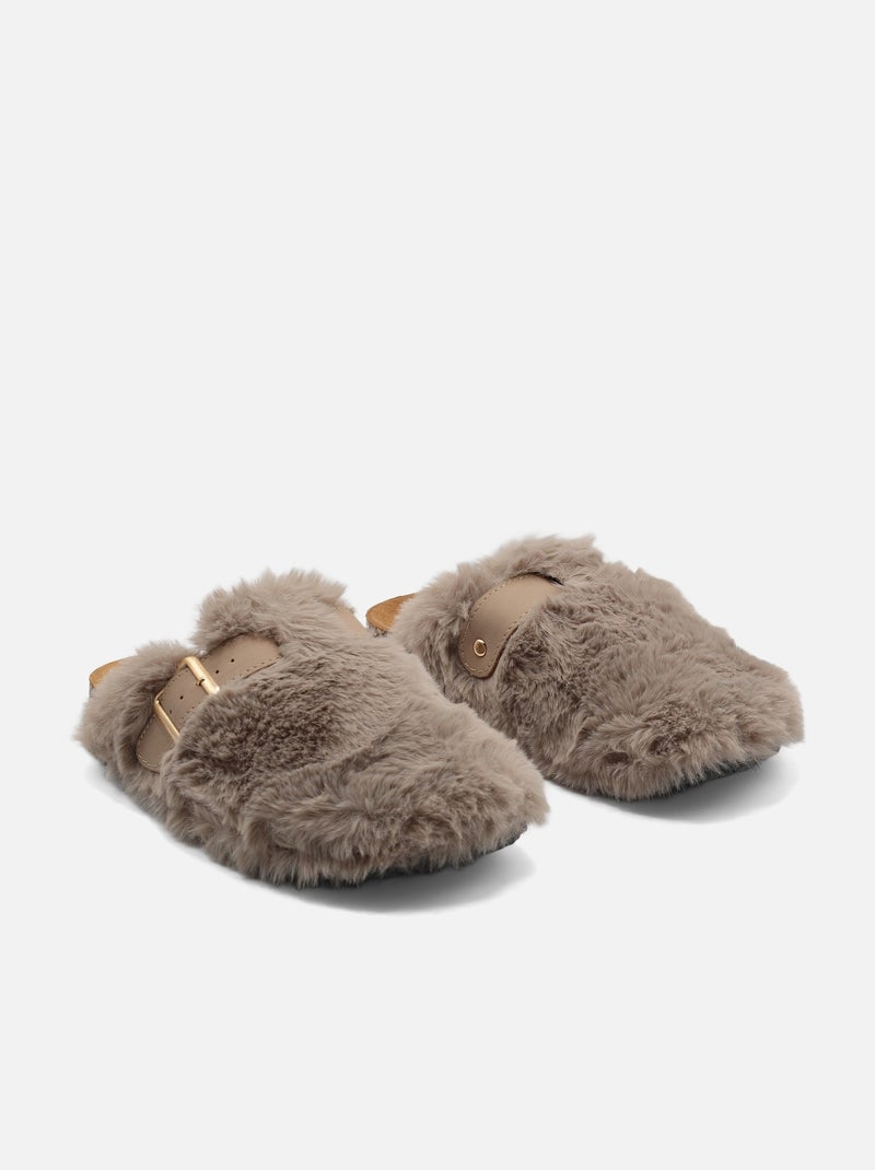 Mules à fausse fourrure Kaki - Kiabi