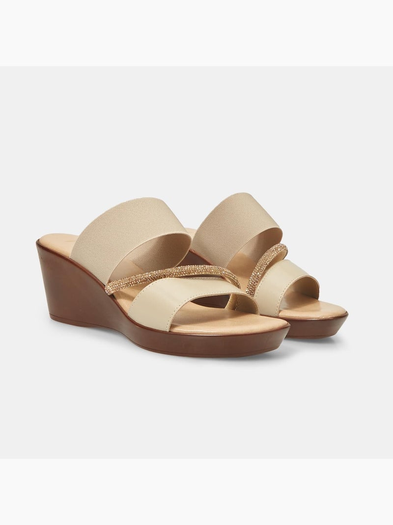 Mules à lanières avec semelle compensée et application bijou BATA Beige - Kiabi
