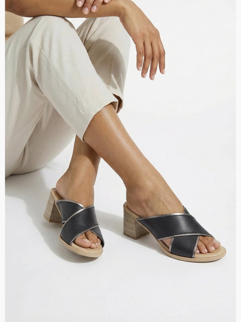 Mules brides croisées talon effet bois - Afibel Noir - Kiabi