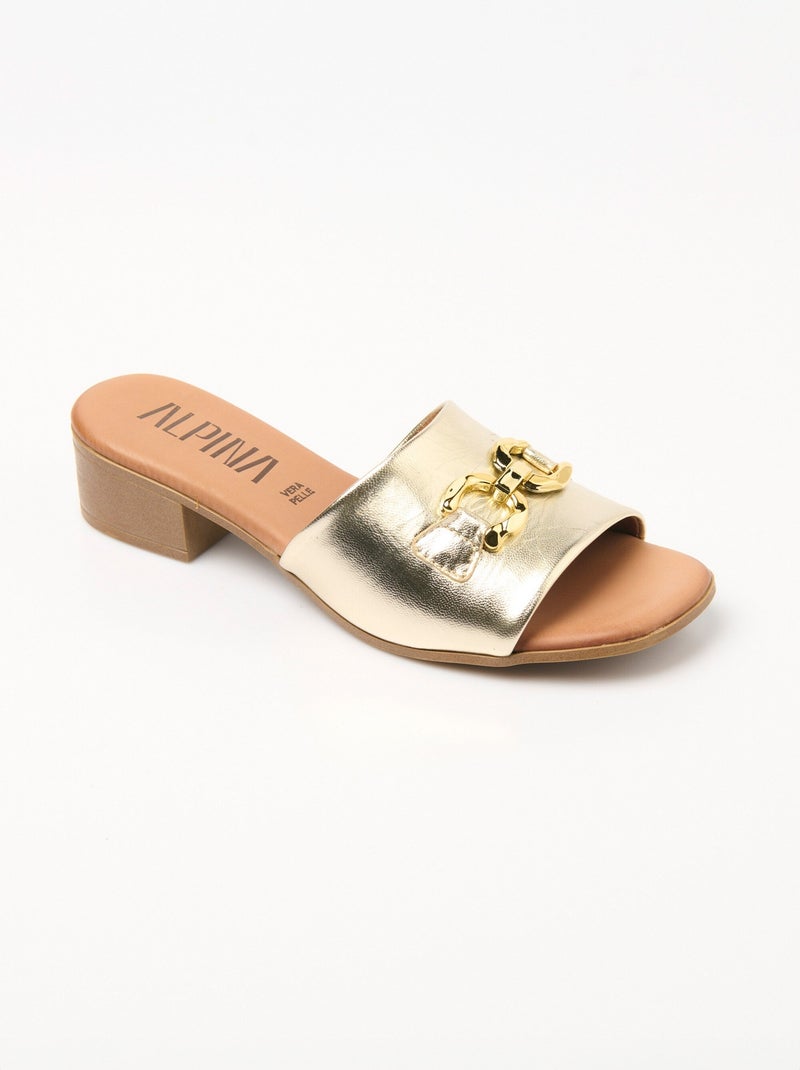 Mules cuir à talon avec détail métal Argenté - Kiabi