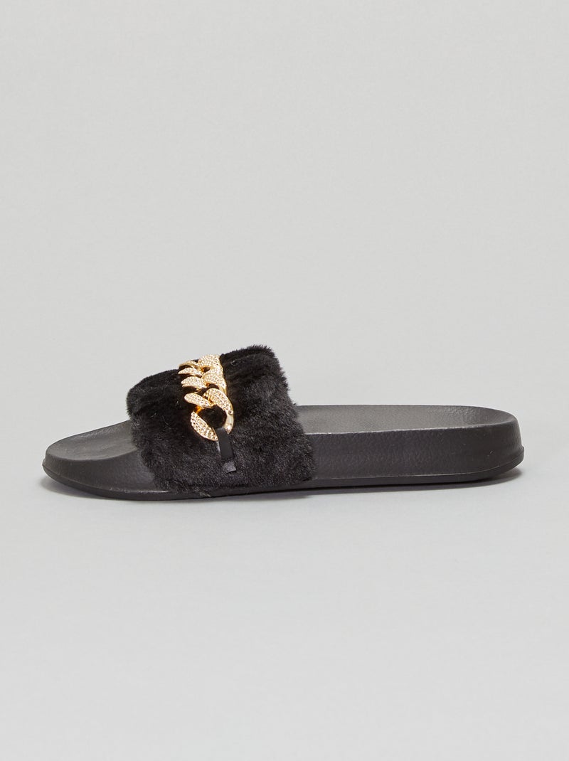 Mules effet moutonné chaîne dorée noir - Kiabi
