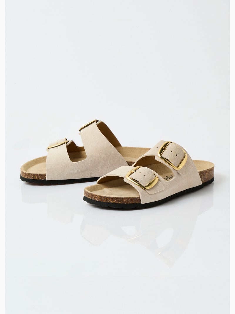 Mules ergonomiques compensées cuir à boucles - Afibel Beige - Kiabi