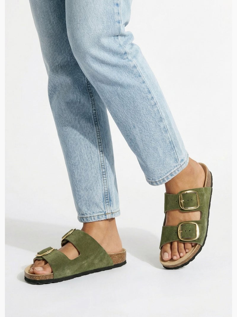 Mules ergonomiques compensées cuir à boucles - Afibel Kaki - Kiabi