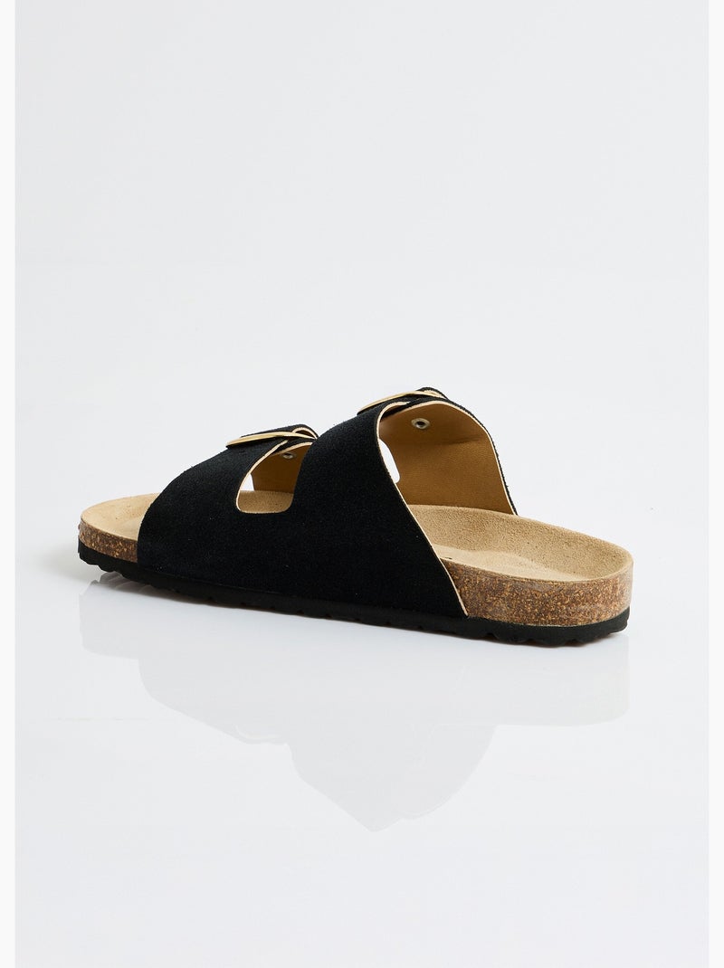 Mules ergonomiques compensées cuir à boucles - Afibel Noir - Kiabi