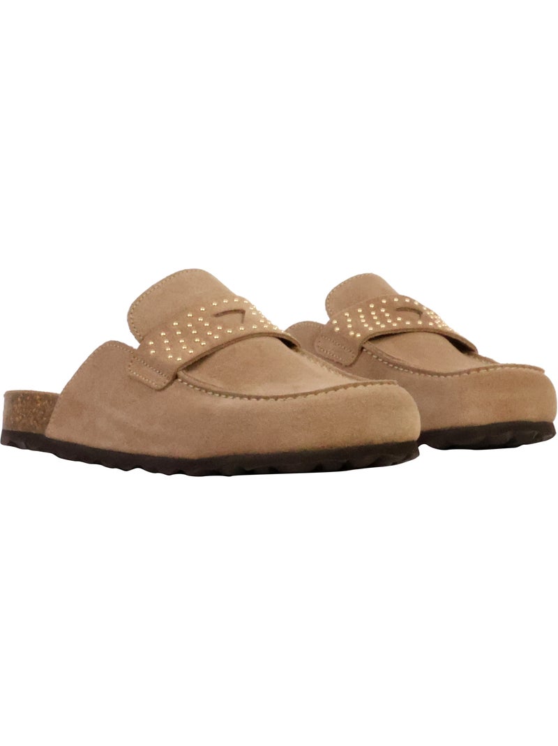 Mules Mocassin Cuir The Divine Factory Noga Gassirette Clous Taupe - Kiabi