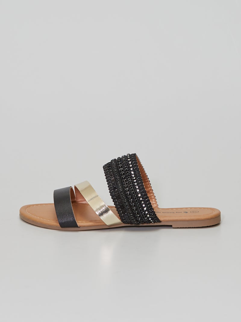 Mules plates à strass noir/argent - Kiabi