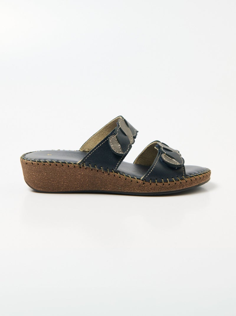 Mules scratchées compensées cuir largeur confort - Afibel Bleu marine - Kiabi