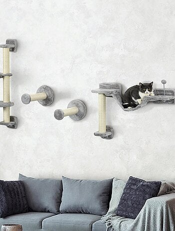 Mur d'escalade pour chat - griffoirs, plateformes, panier, hamac, jeux boules - gris