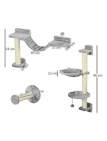 Mur d'escalade pour chat - griffoirs, plateformes, panier, hamac, jeux boules - gris