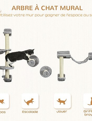 Mur d'escalade pour chat - griffoirs, plateformes, panier, hamac, jeux boules - gris