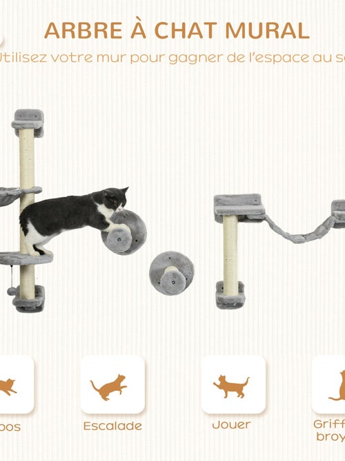 Mur d'escalade pour chat - griffoirs, plateformes, panier, hamac, jeux boules - gris - Kiabi