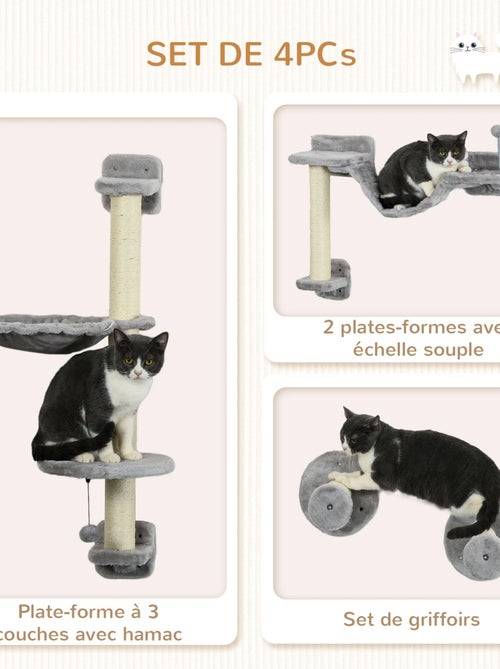 Mur d'escalade pour chat - griffoirs, plateformes, panier, hamac, jeux boules - gris - Kiabi