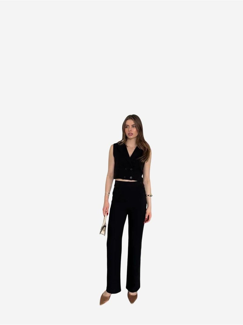 My fashion ensemble à jambes larges à col en v boutonné taille haute Noir - Kiabi