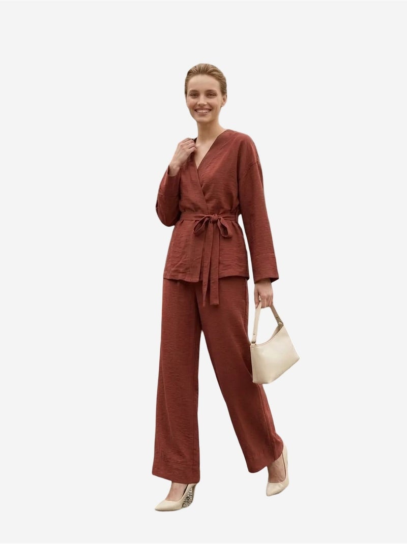 My fashion ensemble deux pièces à manches longues et col en v ceinturé Terracotta - Kiabi