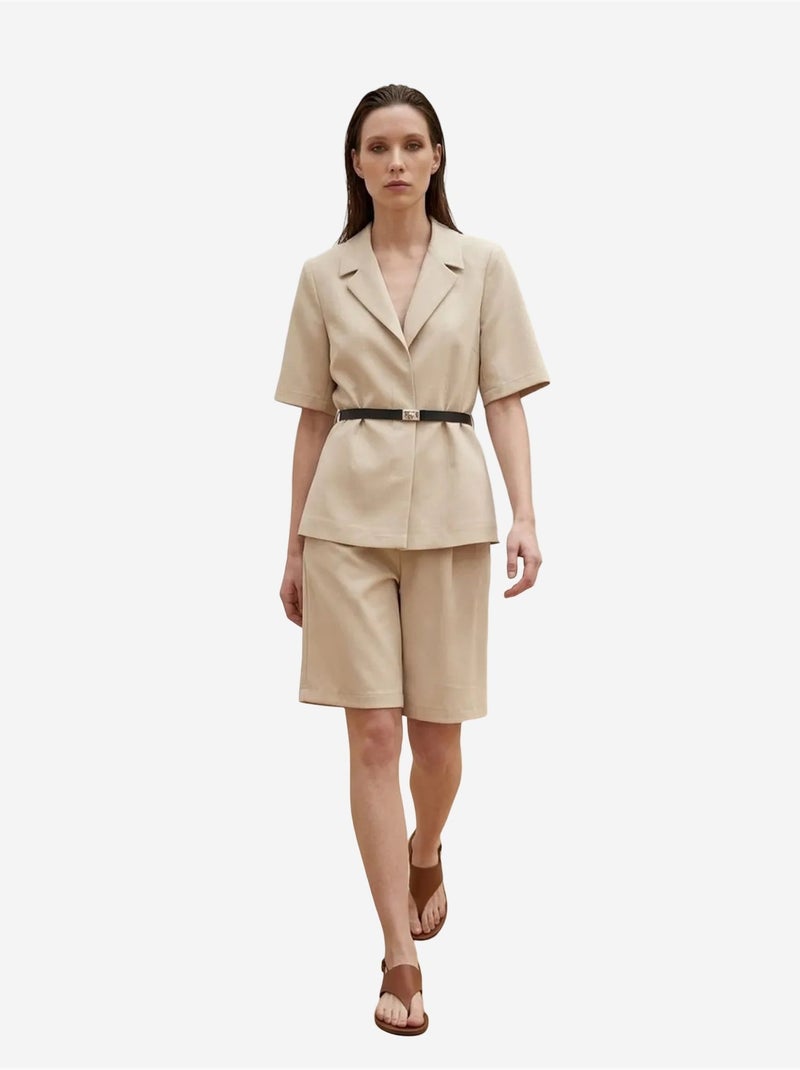 My fashion ensemble veste courte et pantalon large ceinturé Beige argile - Kiabi