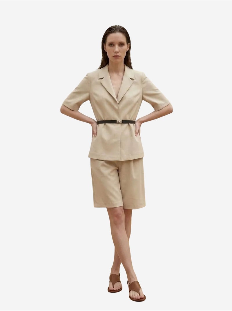 My fashion ensemble veste courte et pantalon large ceinturé Beige argile - Kiabi