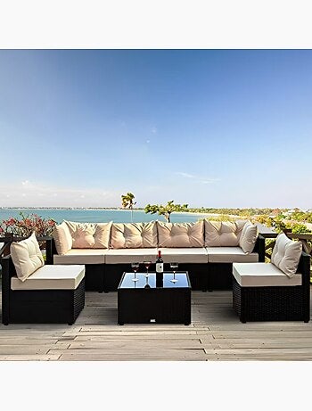 NACULA - Salon de jardin modulable 6 places en résine tressée marron