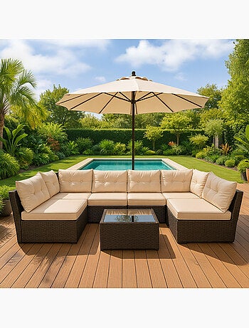 NACULA Salon de jardin modulable 6 places en résine tressée marron