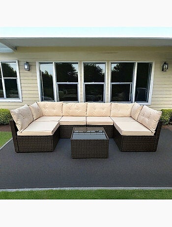 NACULA Salon de jardin modulable 6 places en résine tressée marron