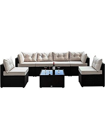 NACULA Salon de jardin modulable 6 places en résine tressée marron