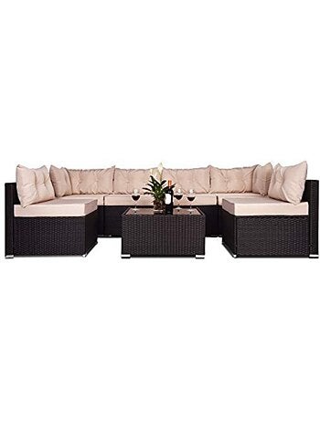 NACULA Salon de jardin modulable 6 places en résine tressée marron