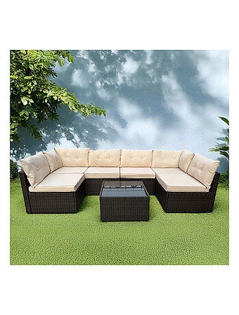 NACULA Salon de jardin modulable 6 places en résine tressée marron