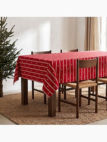 Nappe de noël à doubles rayures avec fil lurex et sapins brodés en relief - gamusi.