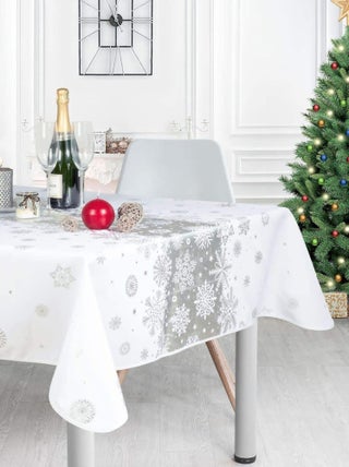 Nappe de Noël blanche Neige argentée 150 x 240 cm - Promo Linge