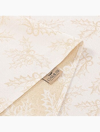 Nappe de noël en coton, branches de houx dorées en relief - gamusi