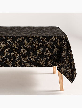 Nappe de noël en coton, branches de houx dorées en relief - gamusi