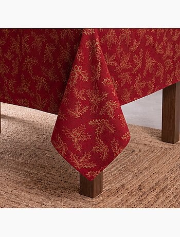 Nappe de noël en coton, branches de houx dorées en relief - gamusi
