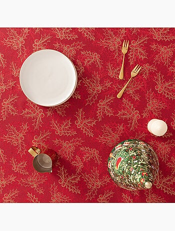 Nappe de noël en coton, branches de houx dorées en relief - gamusi