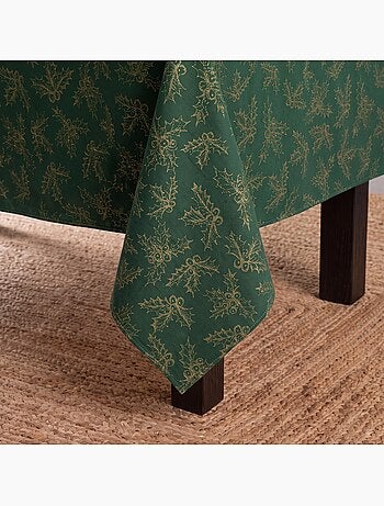 Nappe de noël en coton, branches de houx dorées en relief - gamusi