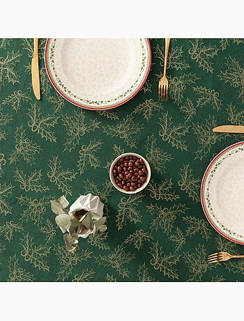 Nappe de noël en coton, branches de houx dorées en relief - gamusi