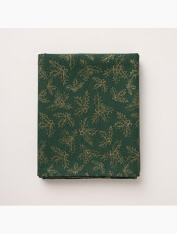 Nappe de noël en coton, branches de houx dorées en relief - gamusi