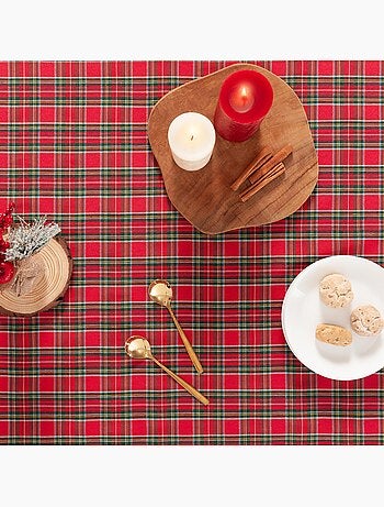 Nappe de noël en coton, motif tartan à rayures dorées en relief - gamusi