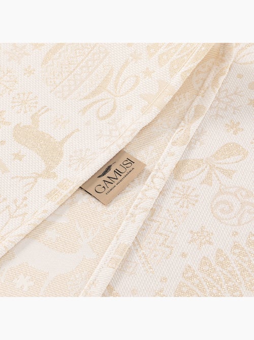 Nappe de noël en coton, motifs de noël dorés en relief - gamusi - Kiabi Nappe de noël en coton, motifs de noël dorés en relief - gamusi - Kiabi