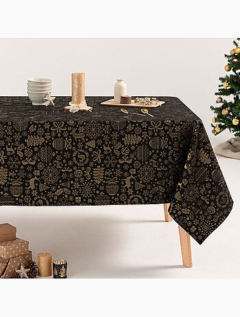 Nappe de noël en coton, motifs de noël dorés en relief - gamusi