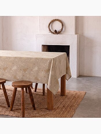 Nappe de noël en coton, sapins et étoiles dorés en relief - gamusi